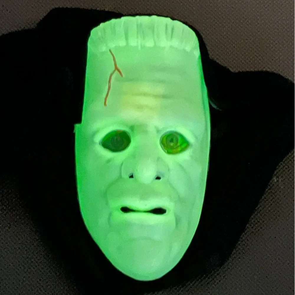 Vintage Glow-in-the-Dark Frankenstein Mask wHood & Light-Up Green Eyes Halloween
